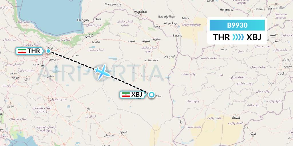 B9930 Iran Air Tours Flight Map: Tehran to Birjand