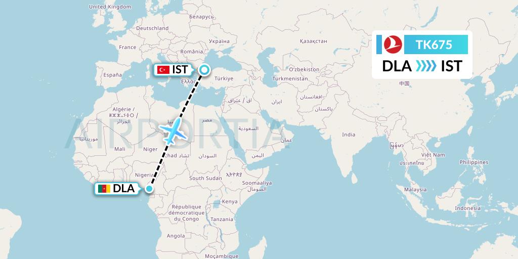TK675 Turkish Airlines Flight Map: Douala to Istanbul