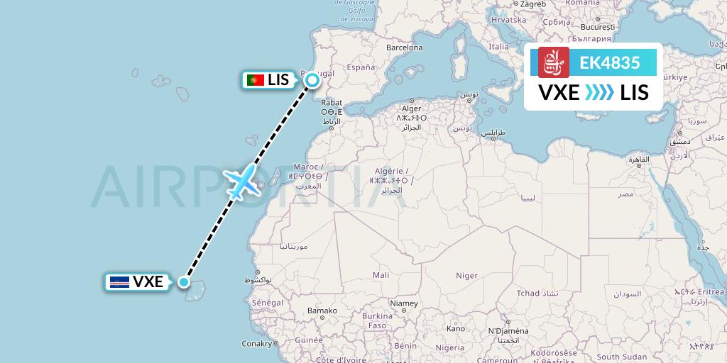 EK4835 Emirates Flight Map: Sao Vicente to Lisbon