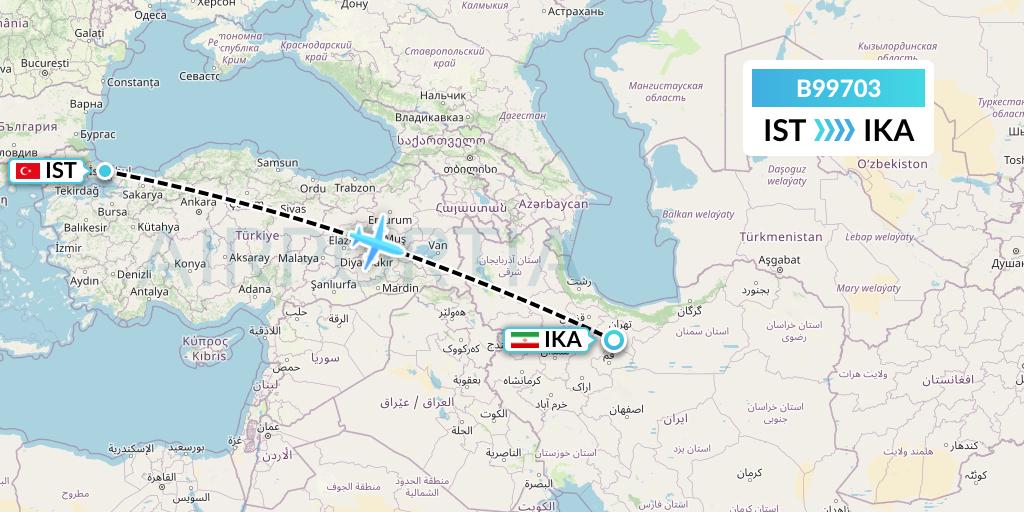 B99703 Iran Air Tours Flight Map: Istanbul to Tehran