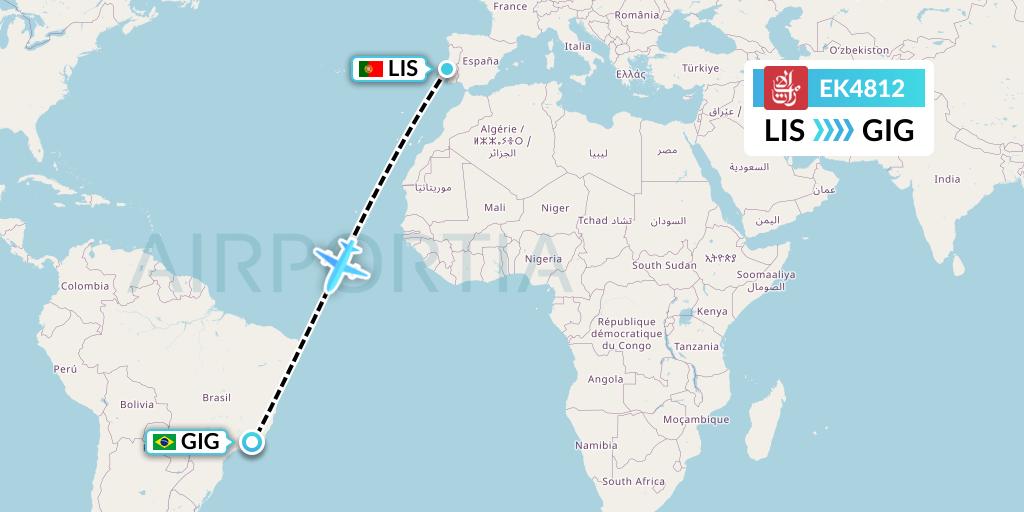 EK4812 Emirates Flight Map: Lisbon to Rio de Janeiro