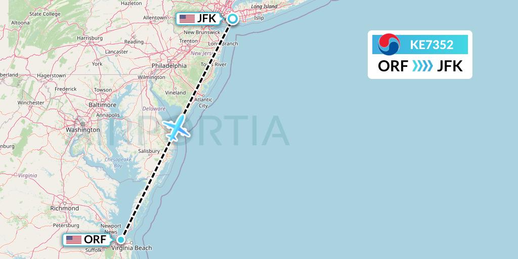 KE7352 Korean Air Flight Map: Norfolk to New York