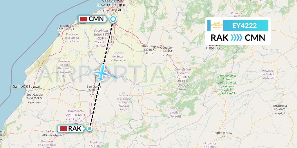 EY4222 Etihad Airways Flight Map: Marrakesh to Casablanca