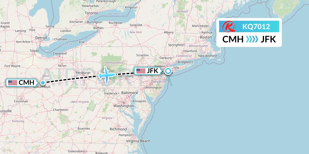 KQ7012 Kenya Airways Flight Map: Columbus to New York