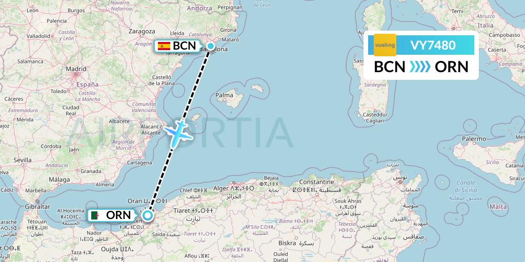VY7480 Vueling Flight Map: Barcelona to Oran