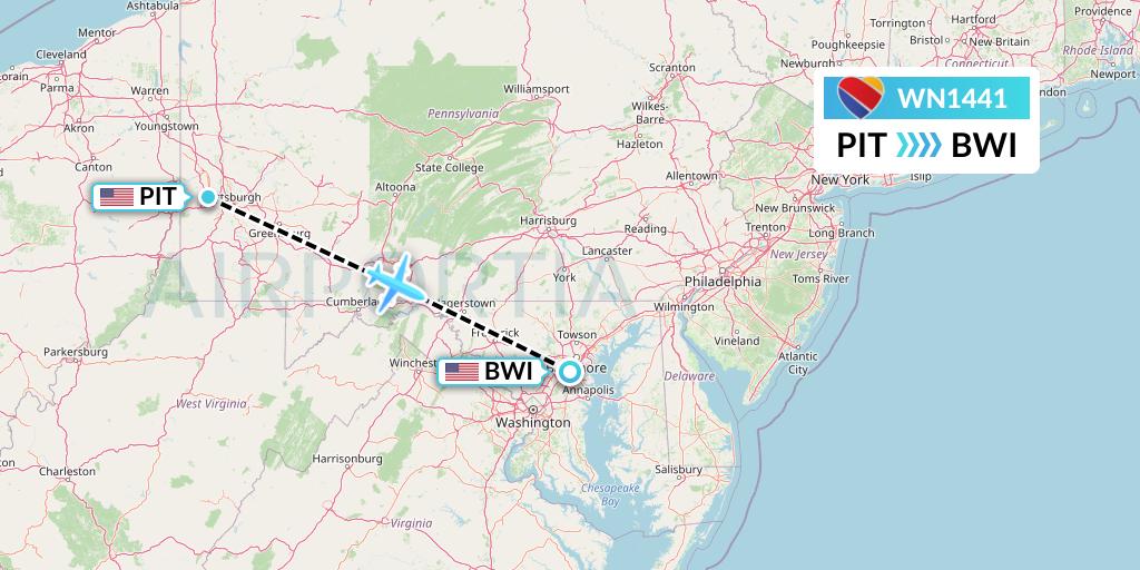 WN1441 Southwest Airlines Flight Map: Pittsburgh to Baltimore