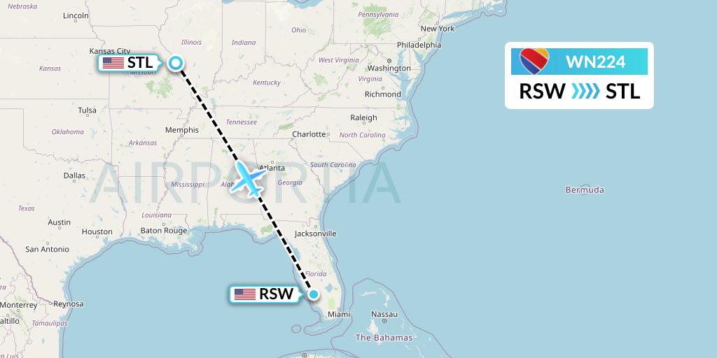 WN224 Southwest Airlines Flight Map: Fort Myers to St. Louis