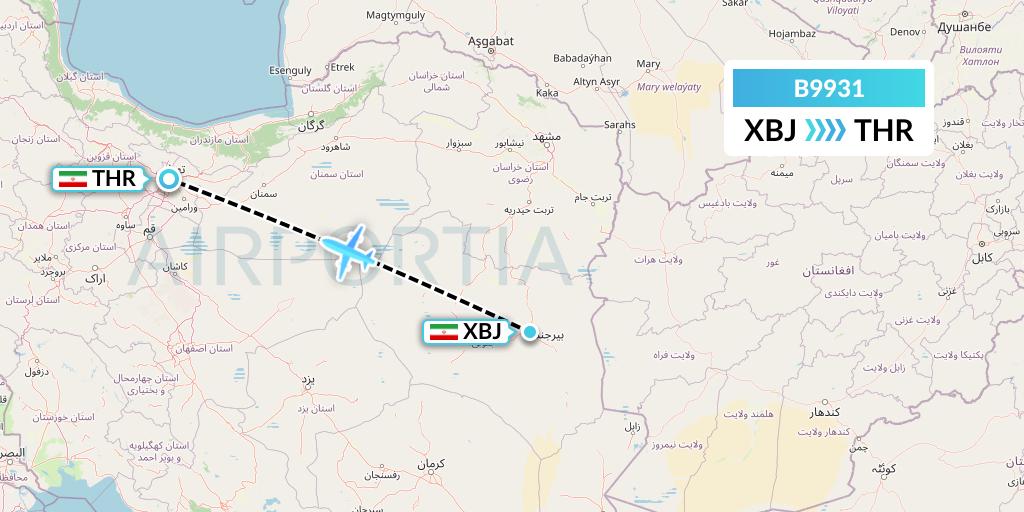 B9931 Iran Air Tours Flight Map: Birjand to Tehran
