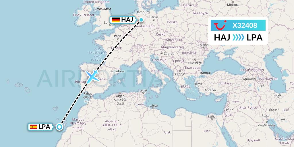 X32408 TUI fly Germany Flight Map: Hannover to Las Palmas