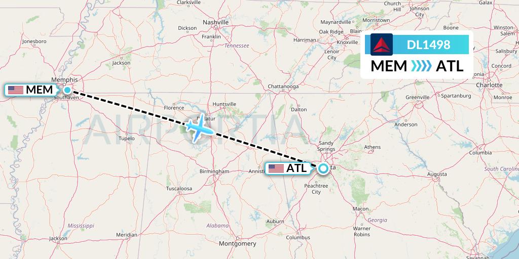 DL1498 Delta Air Lines Flight Map: Memphis to Atlanta