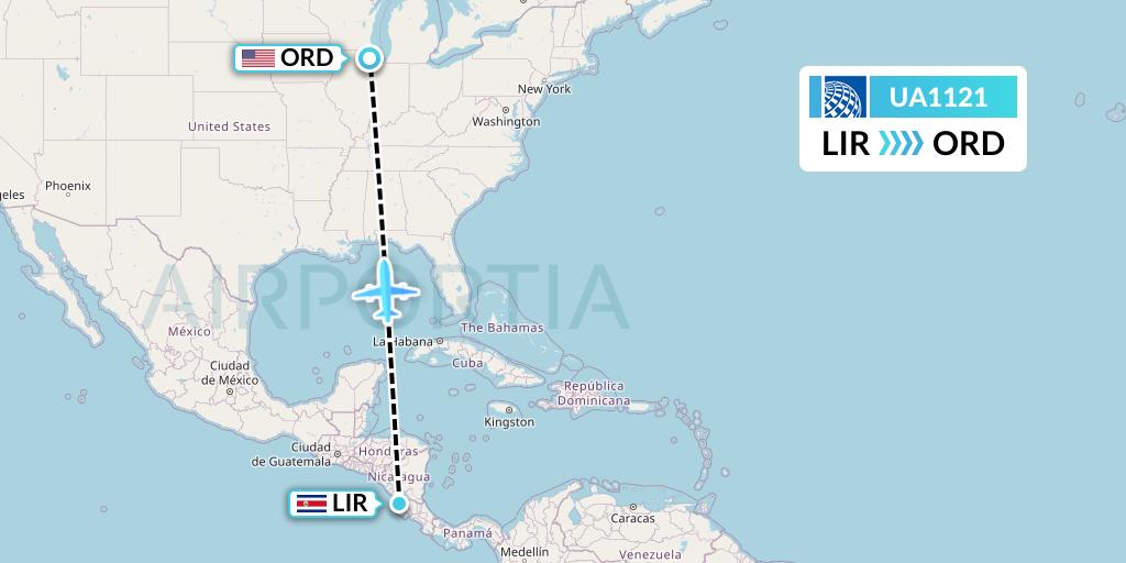 UA1121 United Airlines Flight Map: Liberia to Chicago