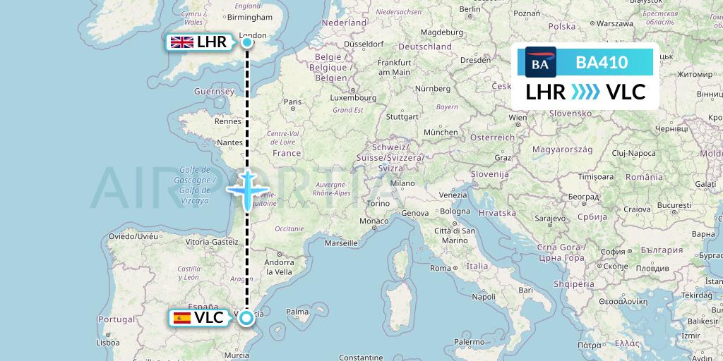 BA410 British Airways Flight Map: London to Valencia