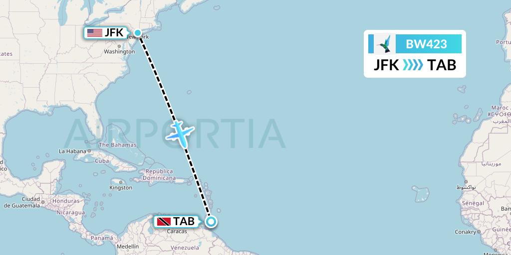 BW423 Caribbean Airlines Flight Map: New York to Scarborough