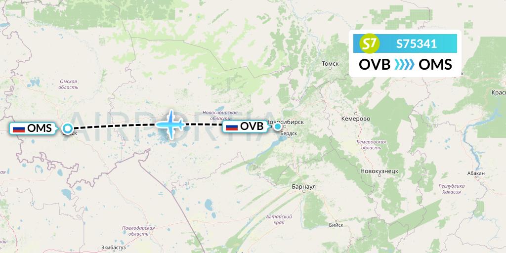 S75341 S7 Airlines Flight Map: Novosibirsk to Omsk