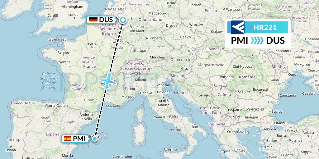 HR221 Hahn Air Flight Map: Palma de Mallorca to Dusseldorf