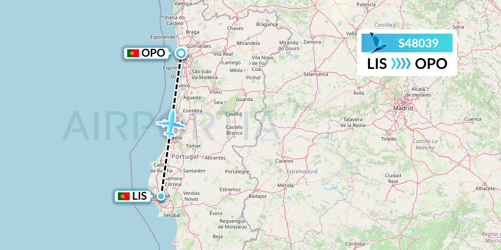 S48039 Azores Airlines Flight Map: Lisbon to Porto