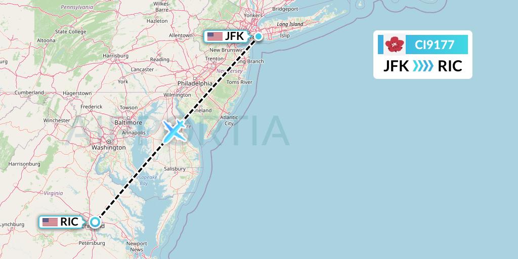 CI9177 China Airlines Flight Map: New York to Richmond