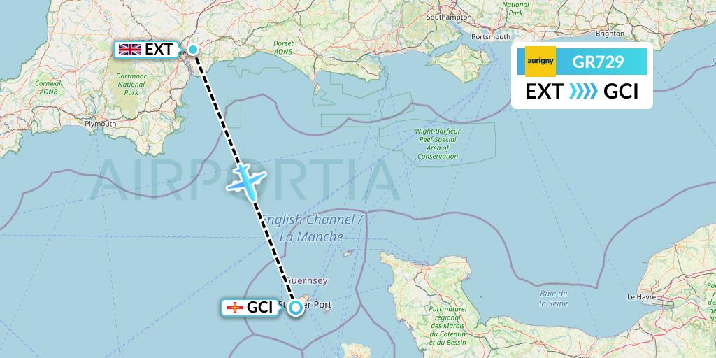 GR729 Aurigny Air Services Flight Map: Exeter to Guernsey