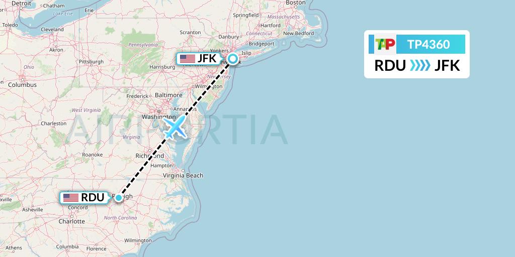 TP4360 TAP Portugal Flight Map: Raleigh-Durham to New York