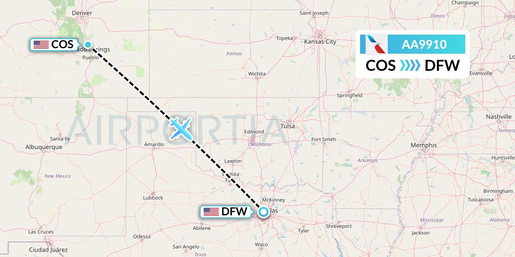 AA9910 American Airlines Flight Map: Colorado Springs to Dallas