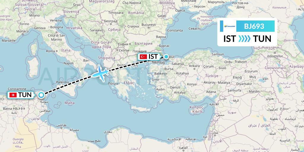 BJ693 Nouvelair Tunisie Flight Map: Istanbul to Tunis