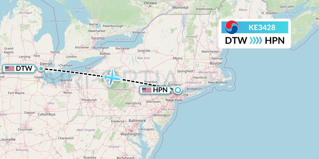 KE3428 Korean Air Flight Map: Detroit to White Plains
