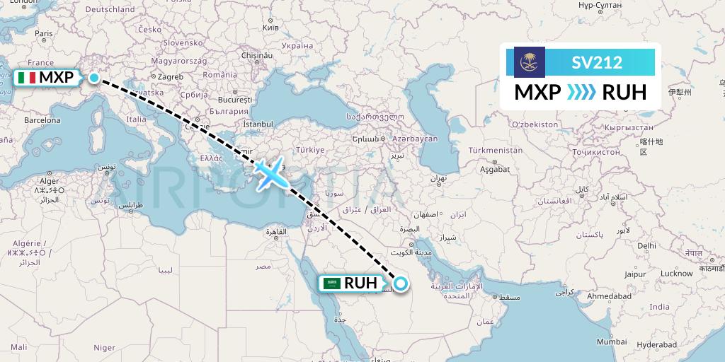 SV212 Saudi Arabian Airlines Flight Map: Milan to Riyadh