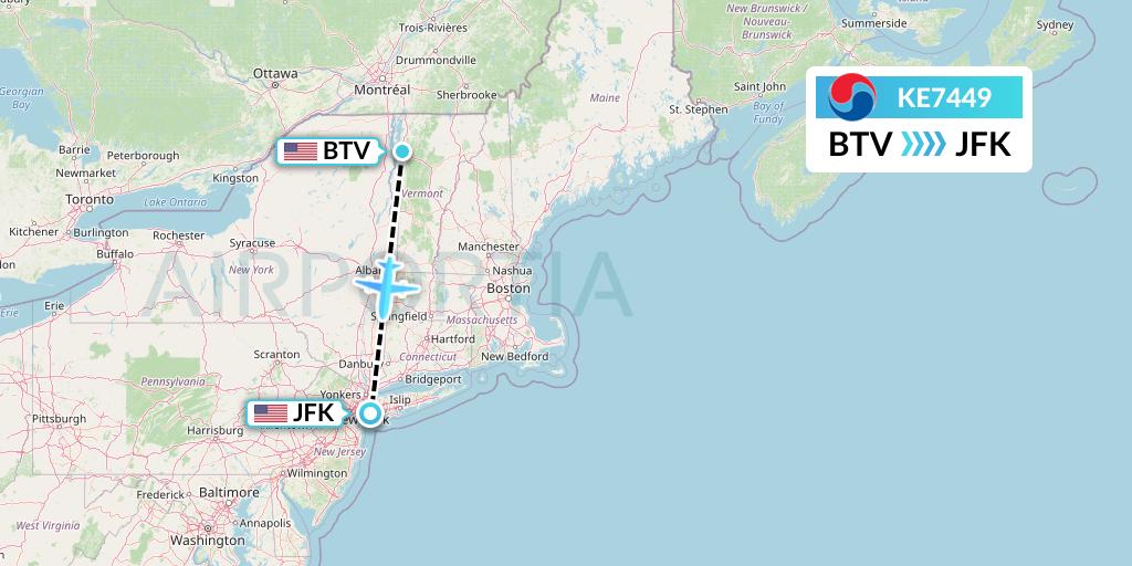 KE7449 Korean Air Flight Map: Burlington to New York
