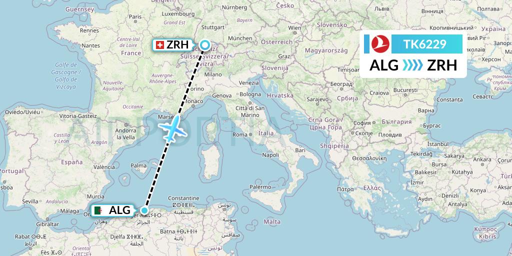 TK6229 Turkish Airlines Flight Map: Algiers to Zurich