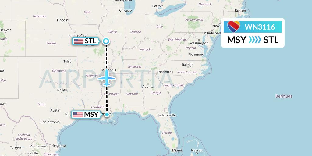 WN3116 Southwest Airlines Flight Map: New Orleans to St. Louis