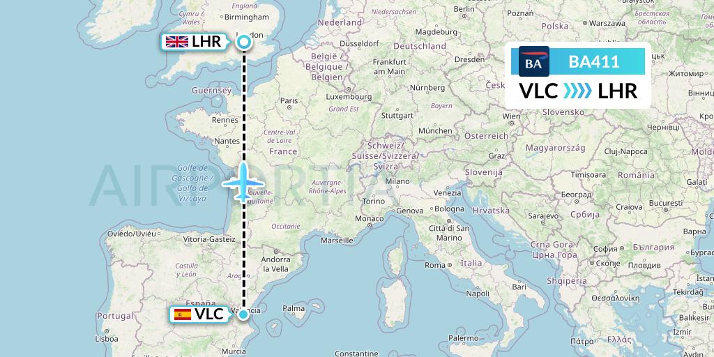 BA411 British Airways Flight Map: Valencia to London