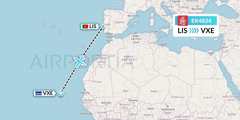EK4834 Emirates Flight Map: Lisbon to Sao Vicente