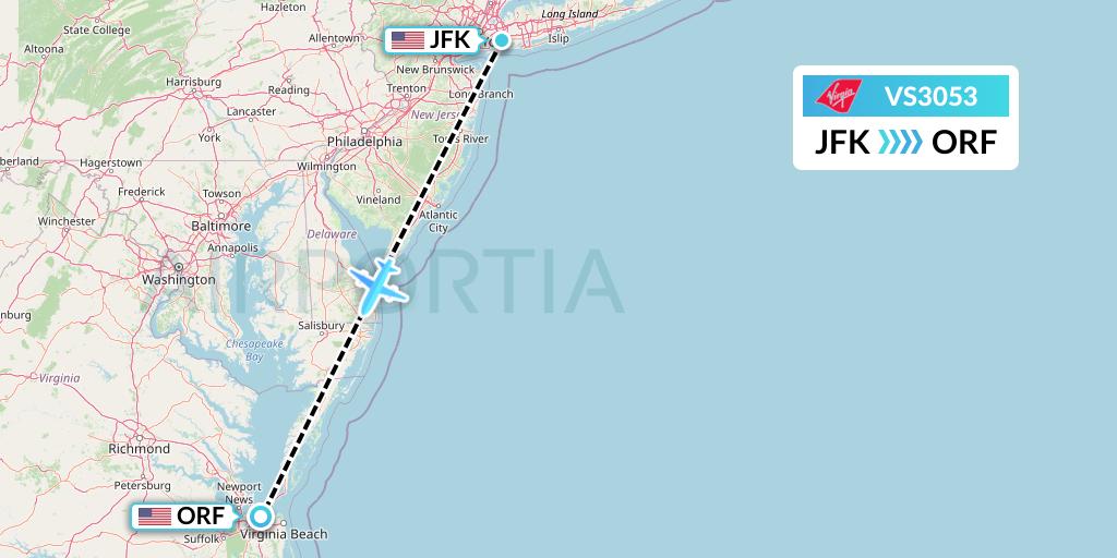 VS3053 Virgin Atlantic Airways Flight Map: New York to Norfolk