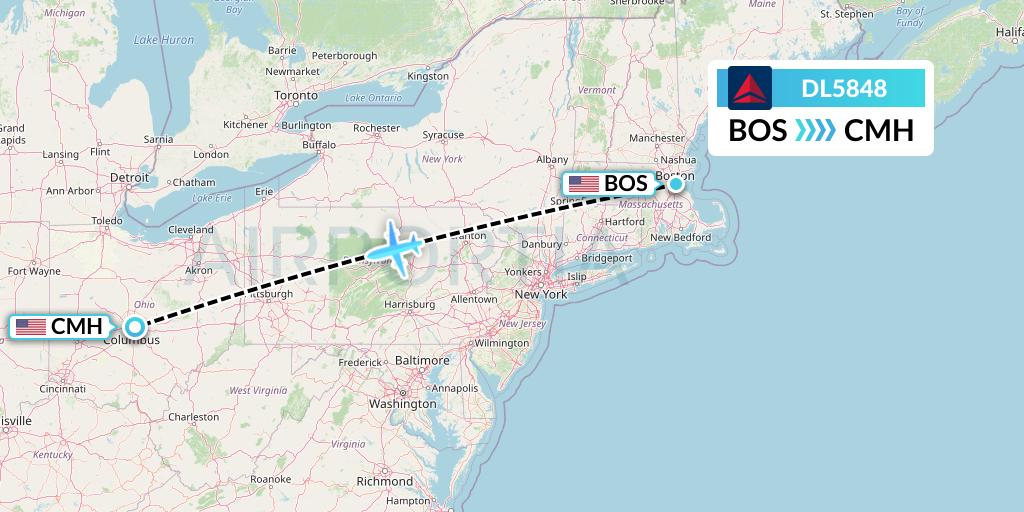 DL5848 Delta Air Lines Flight Map: Boston to Columbus