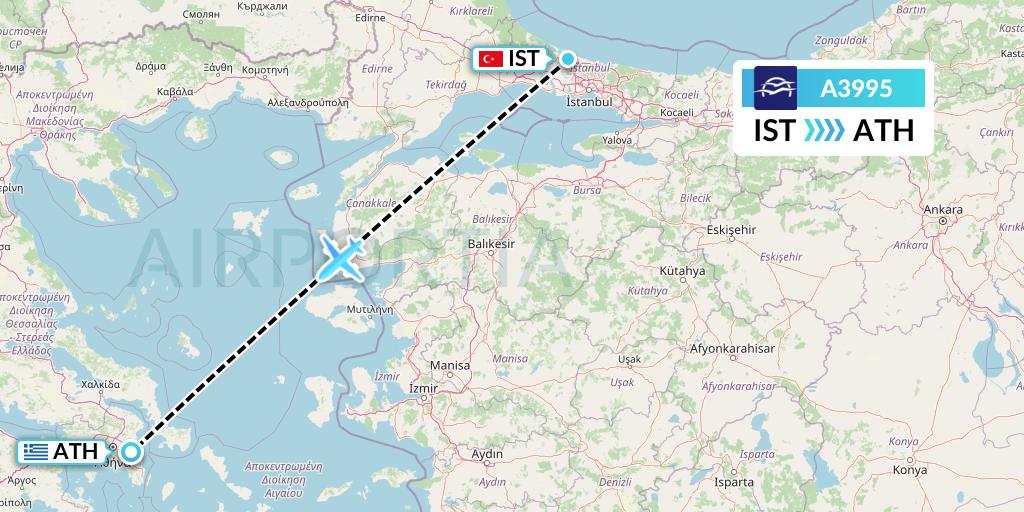 A3995 Aegean Airlines Flight Map: Istanbul to Athens