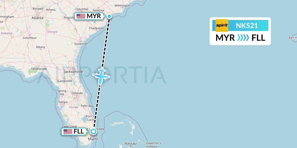 NK521 Spirit Airlines Flight Map: Myrtle Beach to Fort Lauderdale