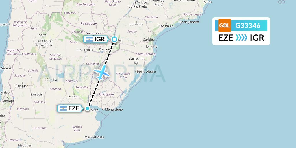 G33346 GOL Transportes Aeros Flight Map: Buenos Aires to Puerto Iguazu