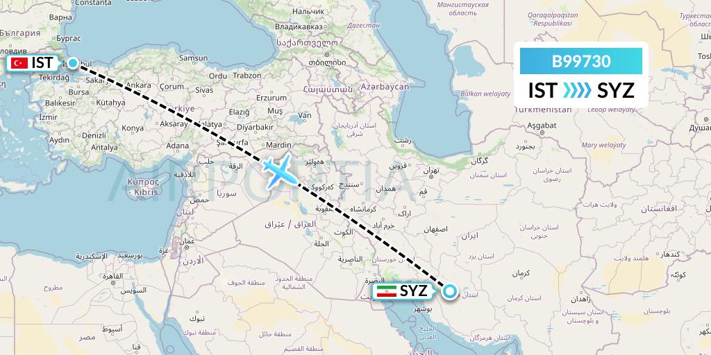 B99730 Iran Air Tours Flight Map: Istanbul to Shiraz