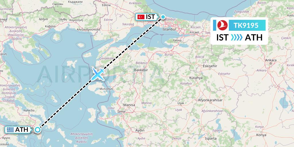 TK9195 Turkish Airlines Flight Map: Istanbul to Athens