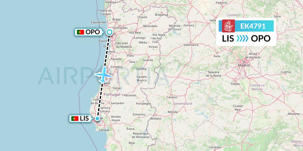 EK4791 Emirates Flight Map: Lisbon to Porto