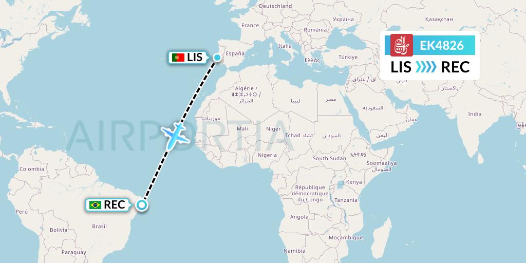 EK4826 Emirates Flight Map: Lisbon to Recife