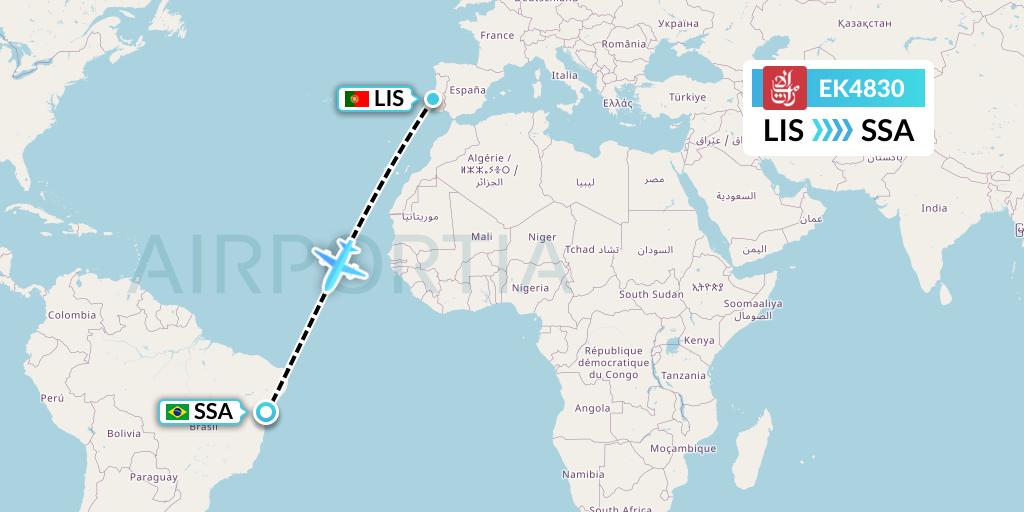 EK4830 Emirates Flight Map: Lisbon to Salvador