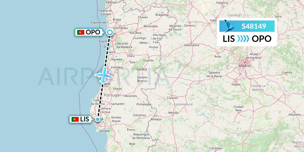 S48149 Azores Airlines Flight Map: Lisbon to Porto