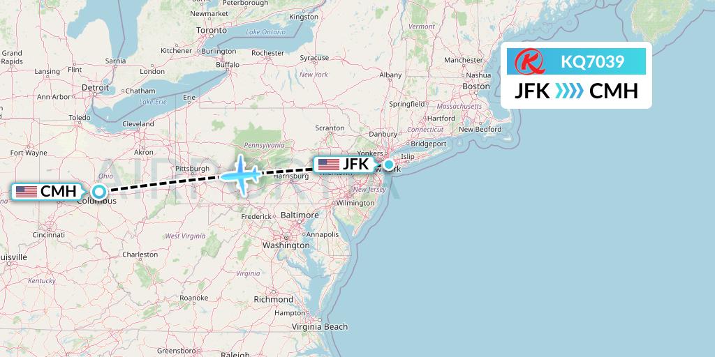 KQ7039 Kenya Airways Flight Map: New York to Columbus