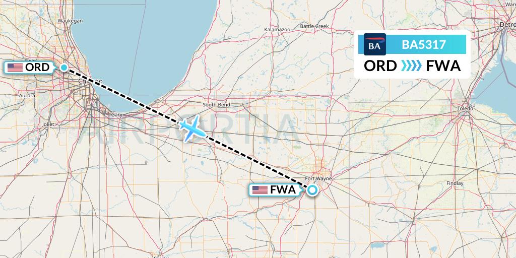 BA5317 British Airways Flight Map: Chicago to Fort Wayne