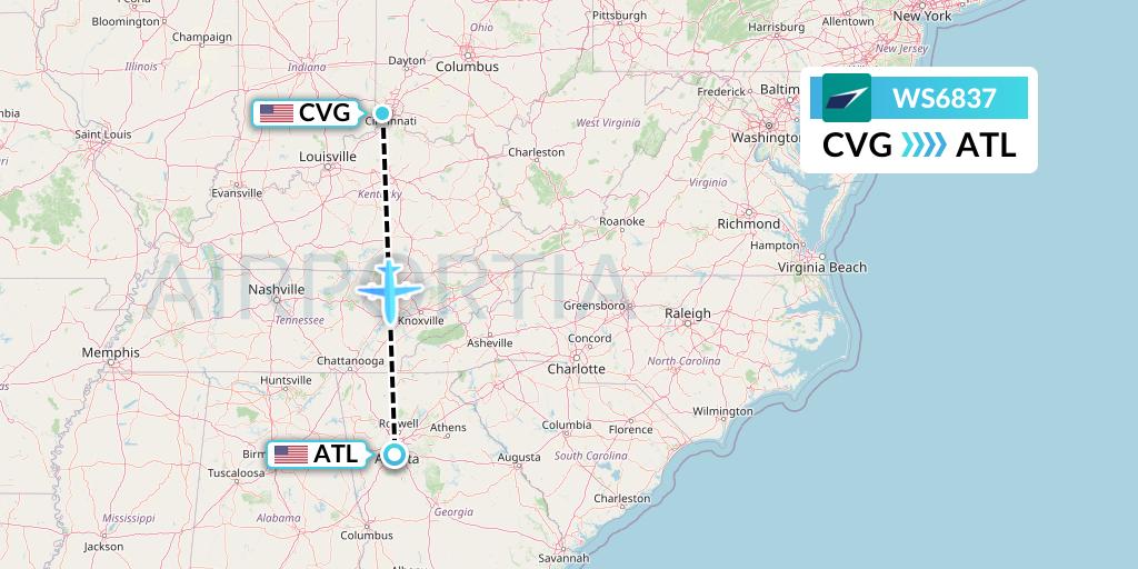 WS6837 WestJet Flight Map: Cincinnati to Atlanta