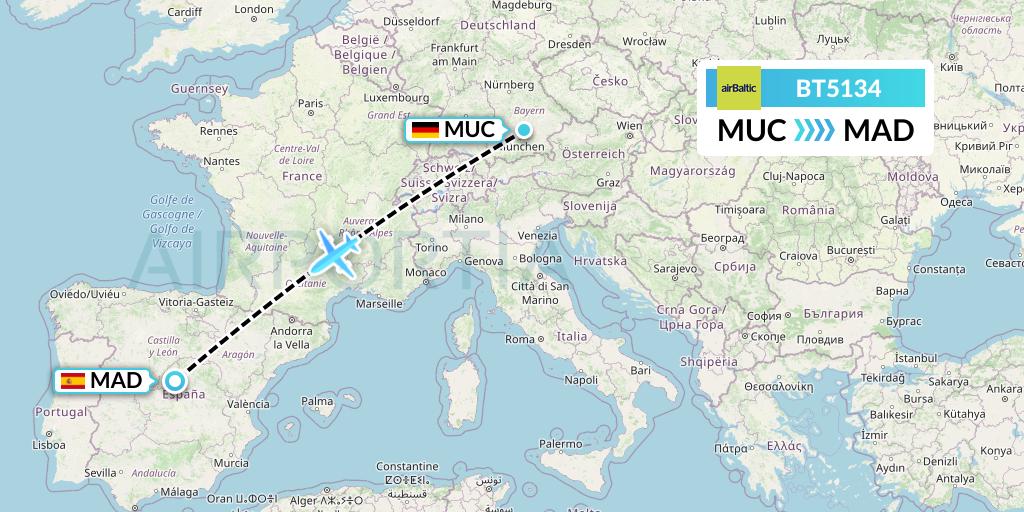 BT5134 Air Baltic Flight Map: Munich to Madrid