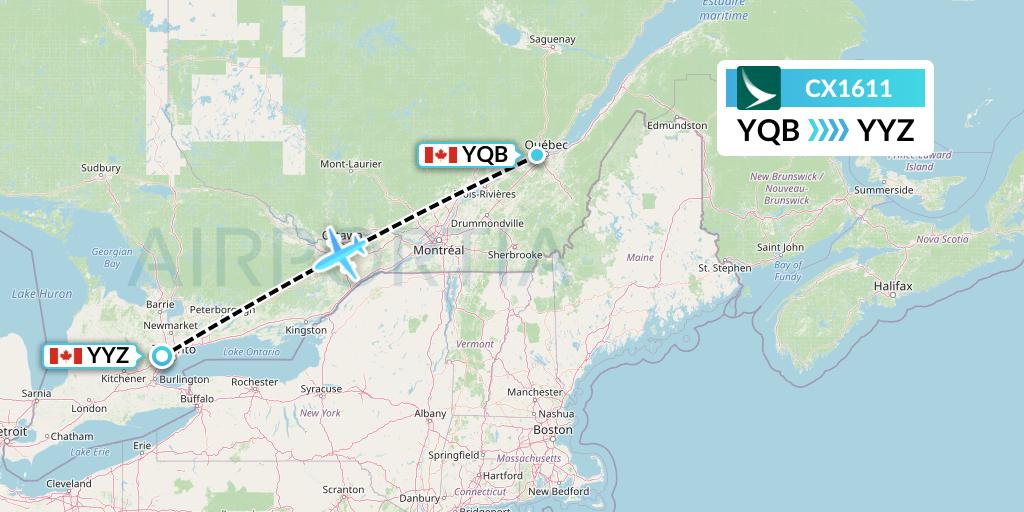 CX1611 Cathay Pacific Flight Map: Quebec to Toronto