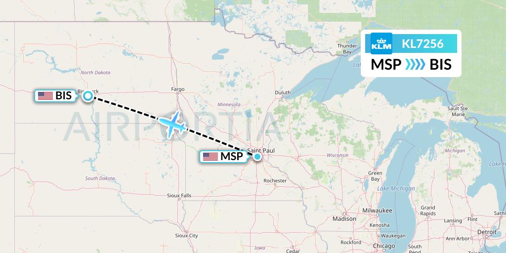 KL7256 KLM Flight Map: Minneapolis to Bismarck