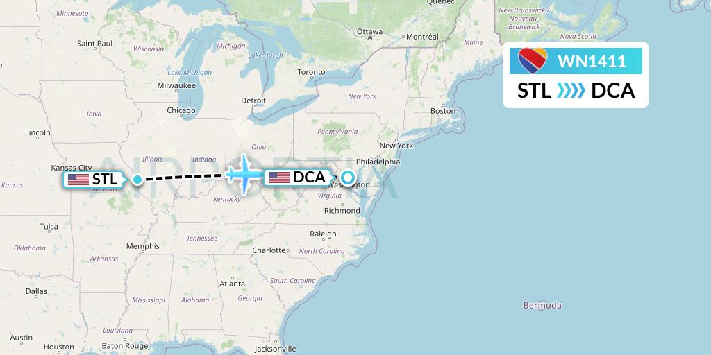 WN1411 Southwest Airlines Flight Map: St. Louis to Washington